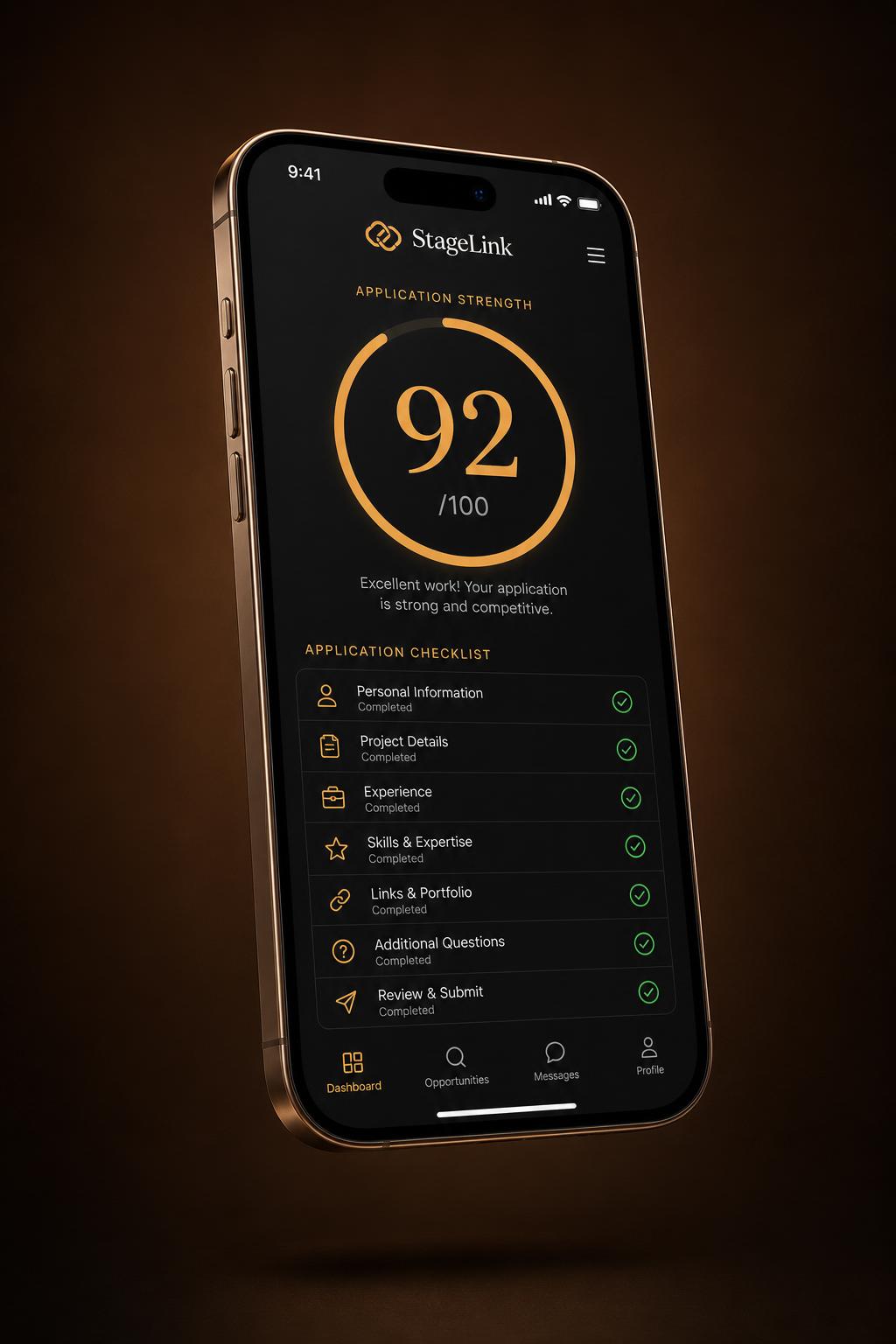 StageLink app application strength score and checklist